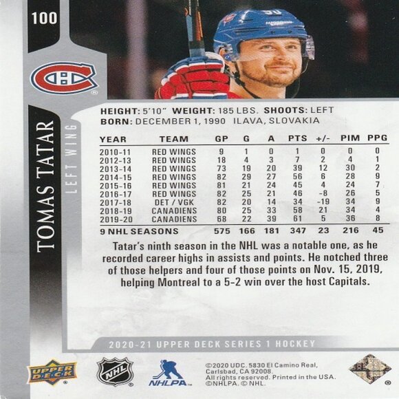 Tomas Tatar - 2020/2021 Upper Deck Series 1 Hockey Card - Picture 2 of 2